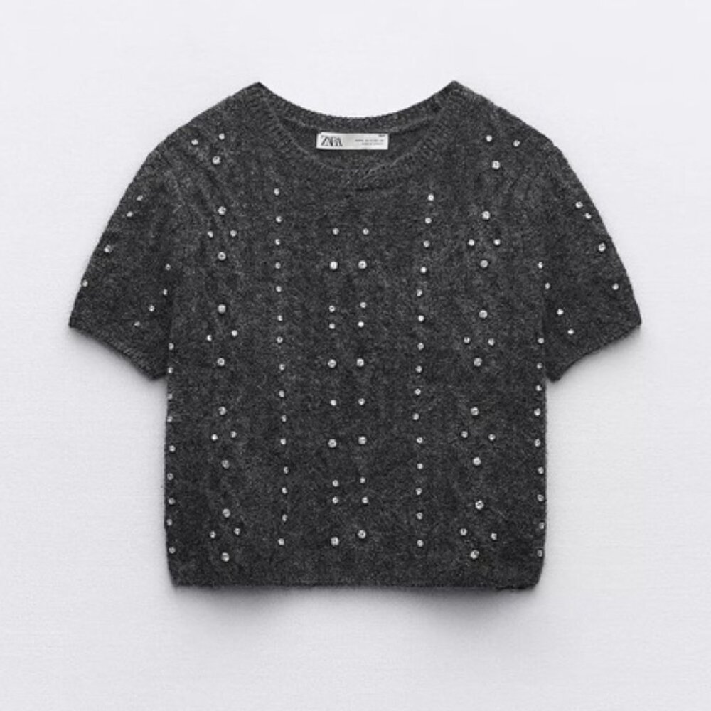 Like New! ZARA Beaded Crop Knit Sweater Gray S